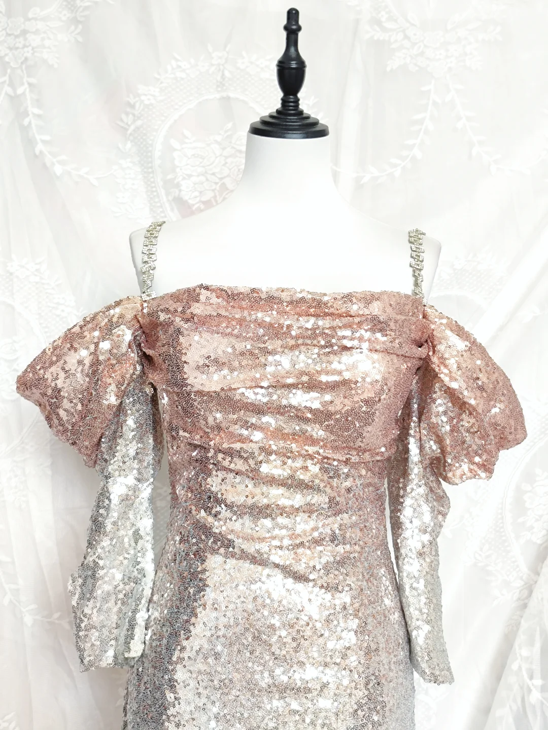 Vintage Champagne Ombre Sequin Cocktail Dress Off-the-Shoulder 6th Grade Homecoming Dresscc - View 2 | FashionDia