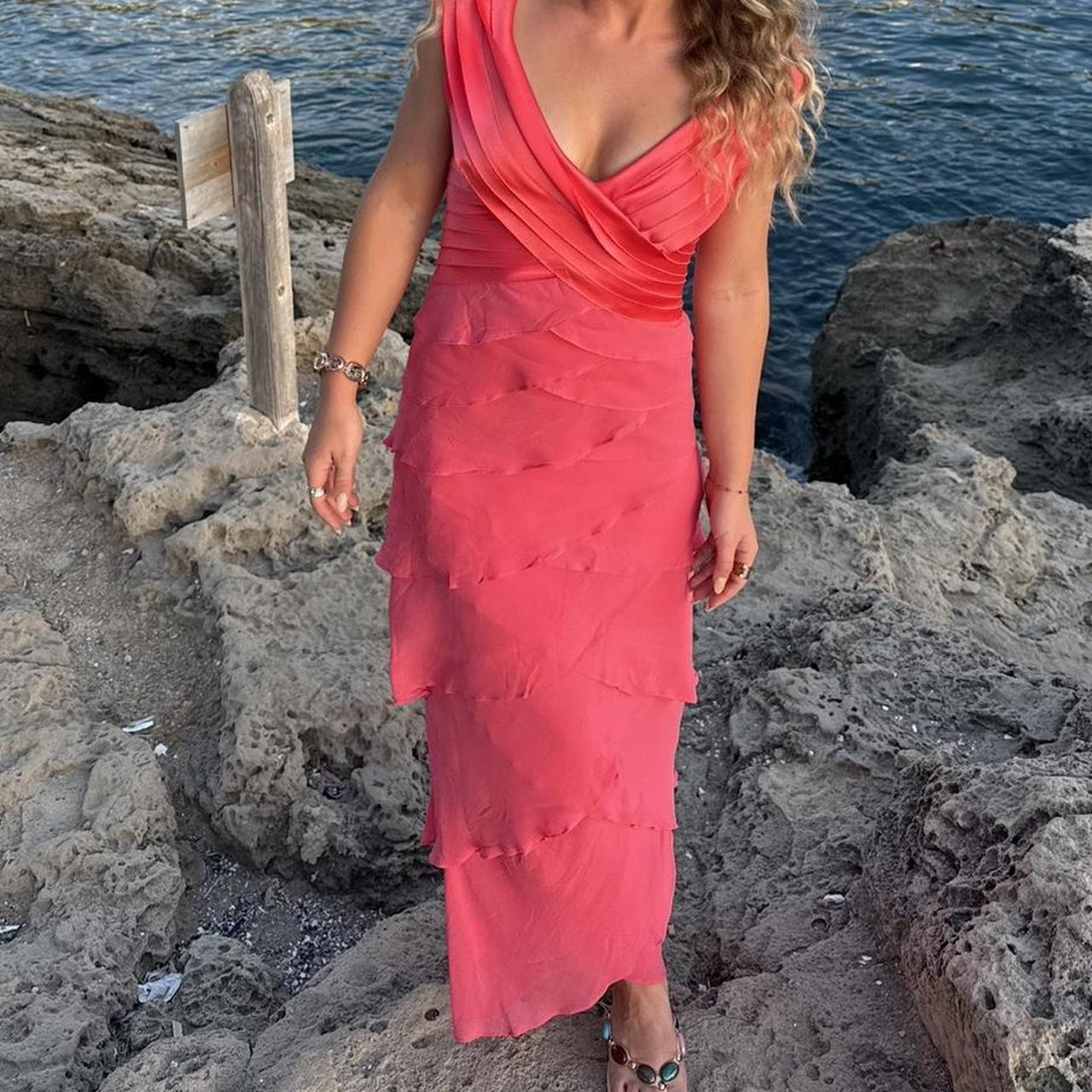 Classy V-Neck Satin Chiffon Pleated Rose Pink Long Party Dress Formal Wedding Guest Dress - View 3 | FashionDia