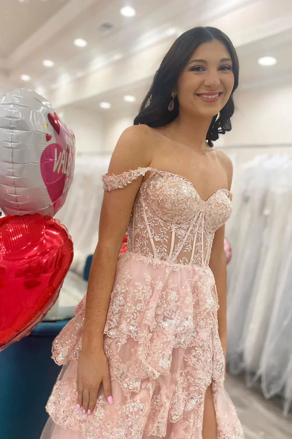 Sparkly Hot Pink A-Line Off The Shoulder Long Tiered Prom Dress With Appliques
