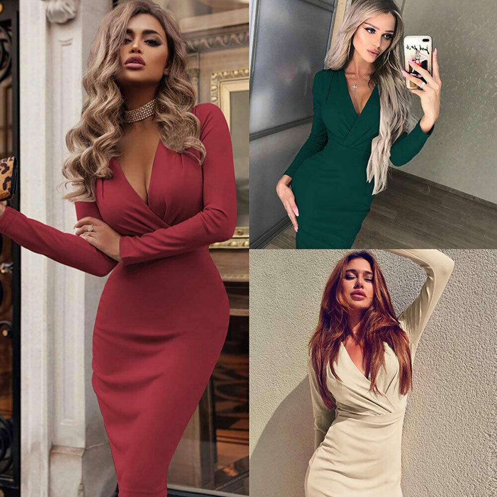 Long Sleeve Deep VNeck Bandage Bodycon Evening Party Dress Plus Size SXXL