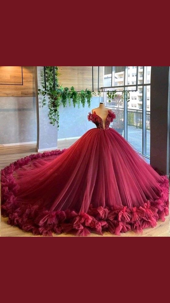 A-Line V-Neck Ball Gwon Puffy Burgundy Sweet Ruffled Quinceanera Dress Tulle Sweet 16 Train Dress Dresses - View 2 | FashionDia