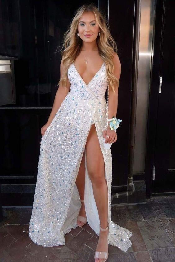 Sexy Deep V-Neck White Sequined Prom Dress