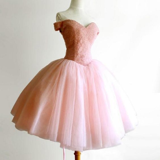 Pink Off the Shoulder Full Beaded Puffy Short Homecoming Dress