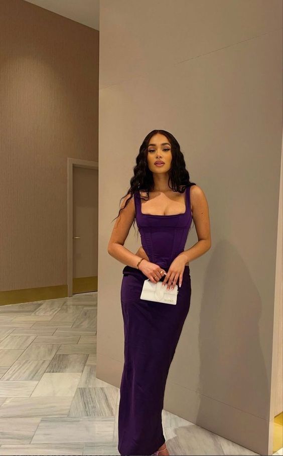 Dark Purple Floor-Length Prom Dress Simple Straps Evening Dress - FashionDia