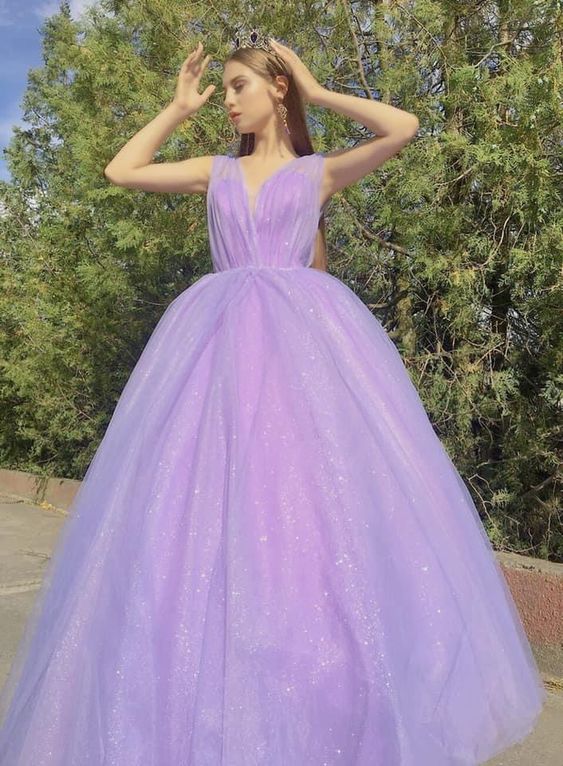 A-Line V-Neck Light Purple Prom Dress Gliter Formal Dress - FashionDia
