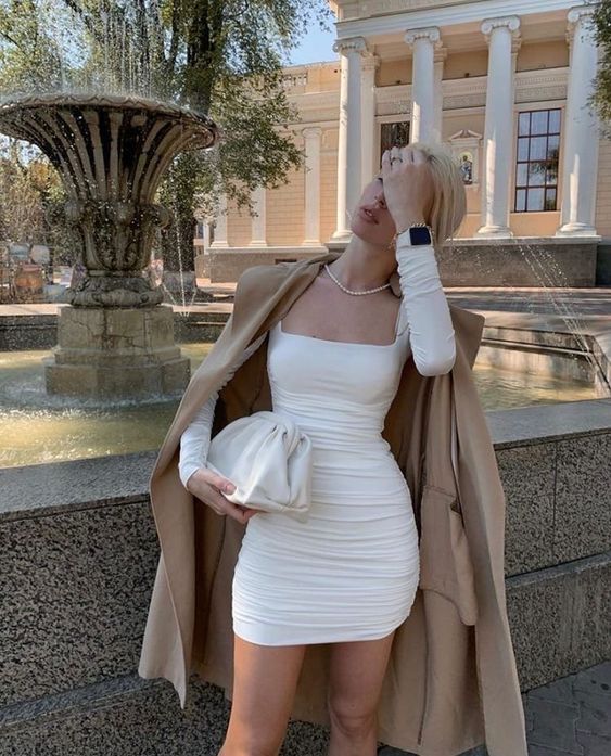 White Long Sleeves Bodycon Party Dress Square Collar Homecoming Dress