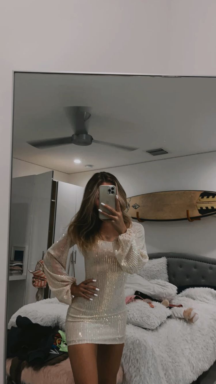 Puff Long Sleeve Mini Party Dress Sequin Homeocming Dress - FashionDia
