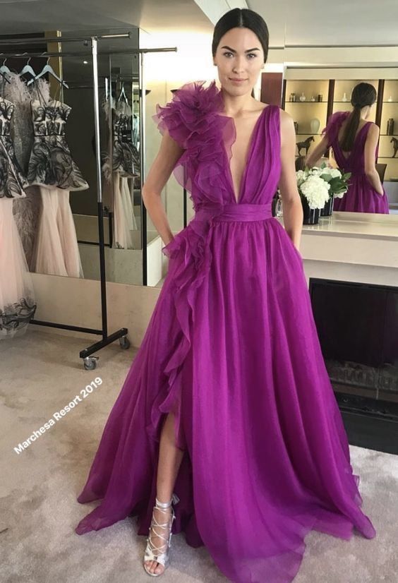 Deep V Neck Tulle Prom Dress Purple Tulle Panel Evening Dress cc05