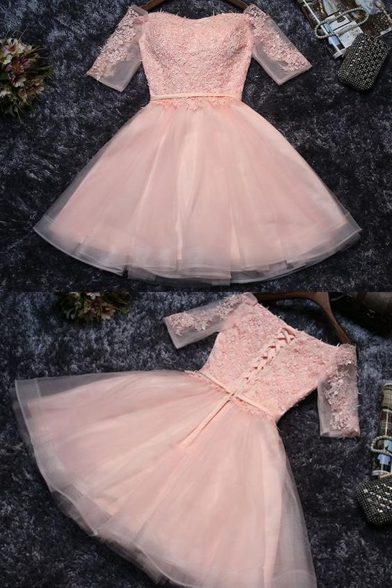 Cute Appliques Tulle Half Sleeves Short Prom Dress,Mini Off-shoulder Homecoming Dress - FashionDia
