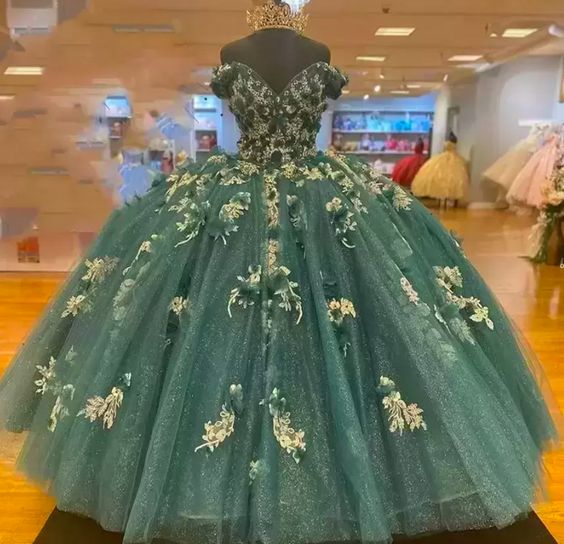 Dark Green Quinceanera Dresses Off the Shoulder Princess Pageant Ball Gown Flowers Beads Sweet 16 Floor Length Corset Back Birthday Party Wear