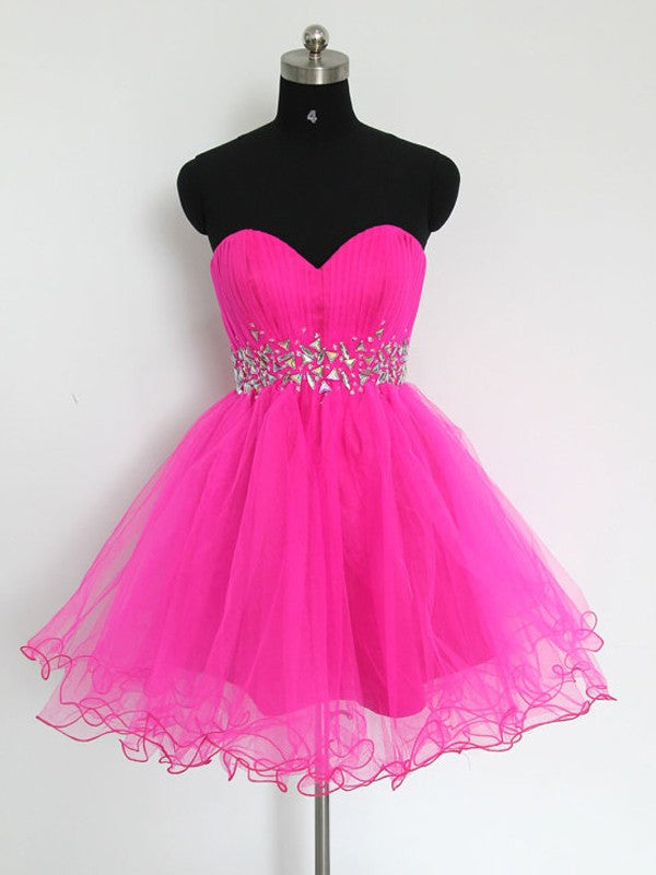 Off-the-Shoulder Fuchsia Tulle Short Homecoming Dress, Cute Beaded Cocktail Party Dress - FashionDia