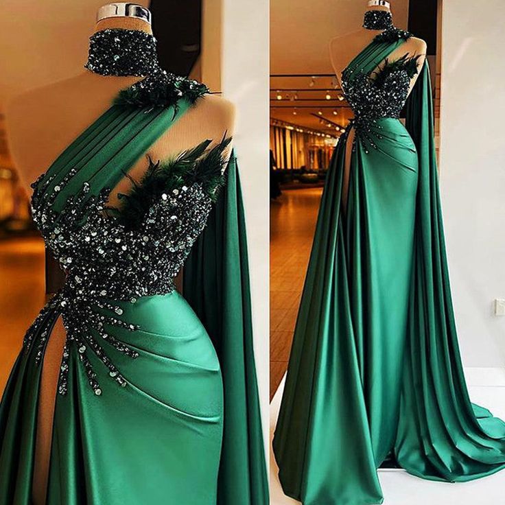 Luxury One-Shoulder Beads Evening Dress Mermaid Green Women Sexy Prom Gown With Train Satin Backless Feather - FashionDia