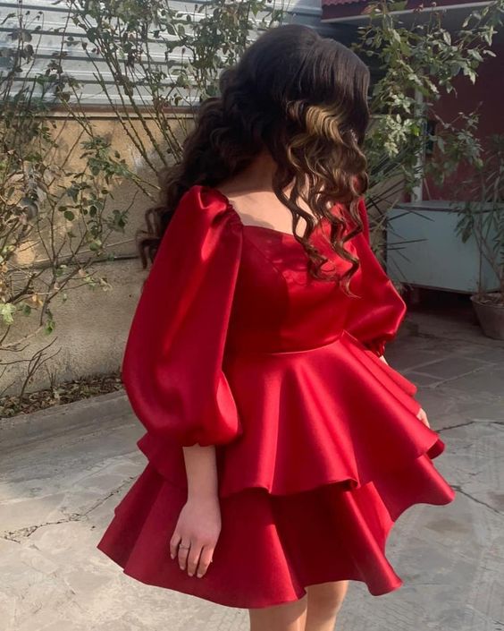 Cute Simple short prom dress A-Line Sweetheart neck Party Puff sleeves Homecoming Dress - FashionDia