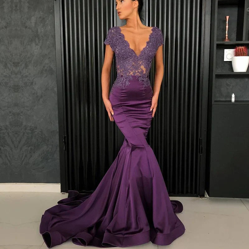customized Sexy Purple Mermaid Prom Dress V-neck Cap Sleeve Beaded Lace Nude Back Arabic Style robe soiree Long Evening Dresses Navy Blue( AE existing skus)