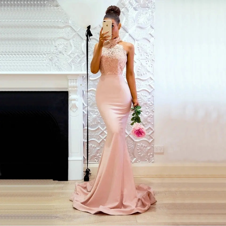 customized Sexy Backless Mermaid Evening Dresses Halter Lace Formal Party Dress Elegant Evening Gown Long robe de soiree GRAY