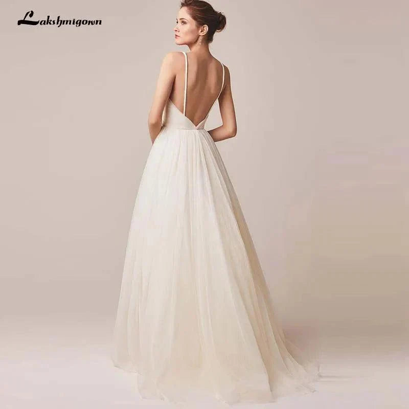 Sexy Spaghetti Straps Tulle Wedding Dress Vestido De Novia Sleeveless V-neck Backless Bride Dresses Robe De Mariage - View 5 | VelvetHem