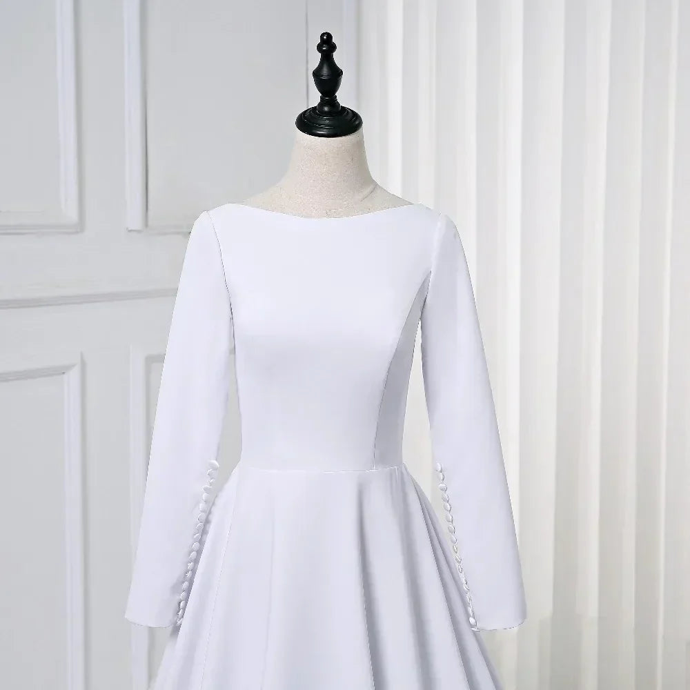 Customized Soft Satin Muslim Wedding Dress Long sleeve A Line Simple Bridal Gown robe de mariage 2025 Vestido De Noiva