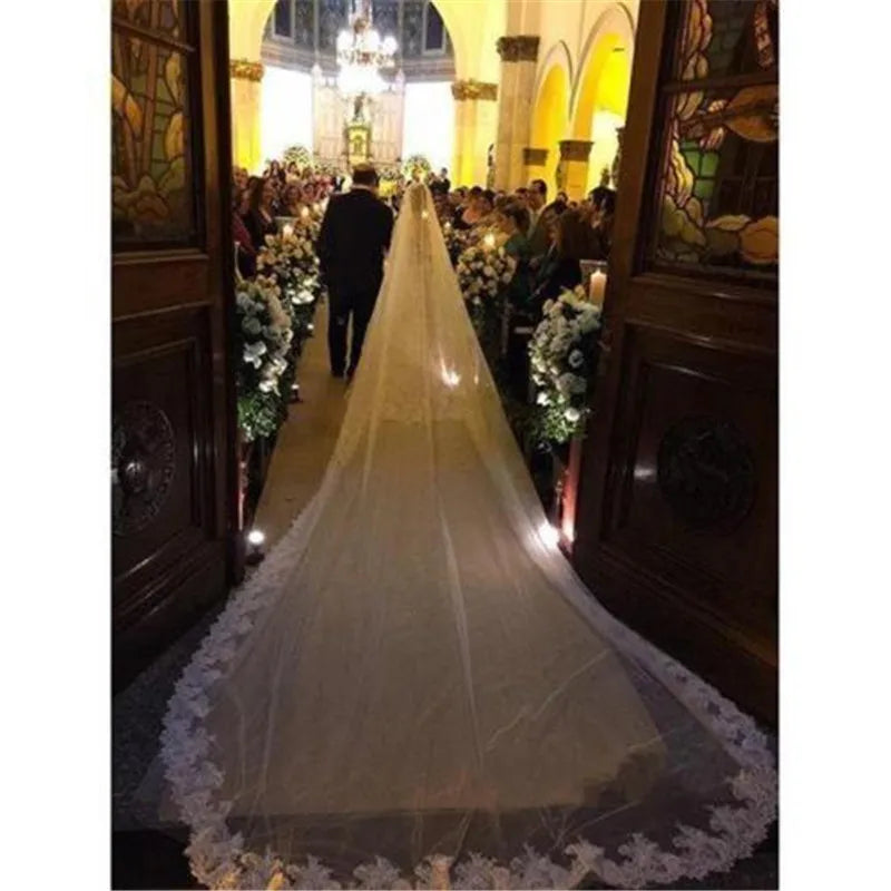 Long Veil 1 Layer Wedding Veil Lace Bridal Veils Cathedral Veil in White , Off-White , Ivory Ivory
