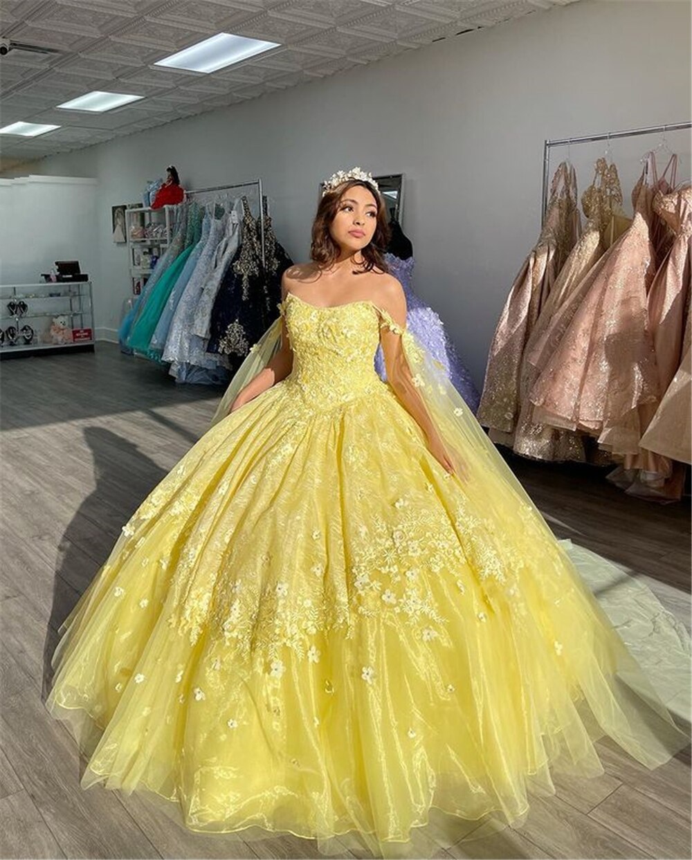 Yellow Ball Gown Quinceanera Dresses Prom Gowns 3D Flowers Beaded Sweet 15 Party Wear - View 3 | FashionDia