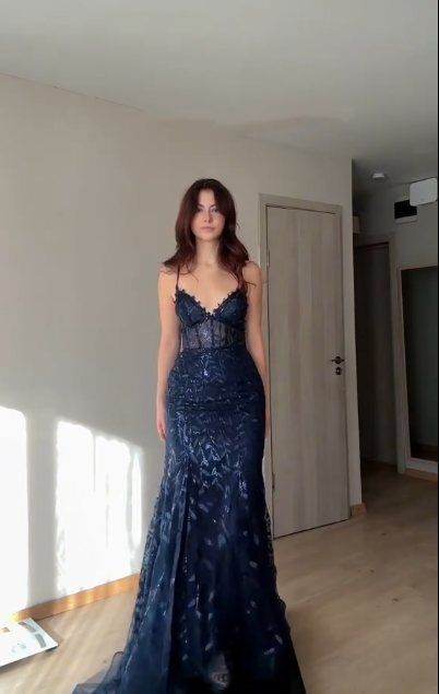Vintage V-Neck Navy Blue Spaghetti Straps Mermaid Prom Dress Long Party Dress - View 3 | FashionDia