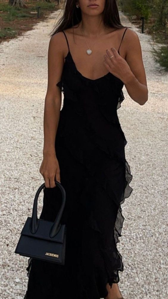 Black Sexy Mermaid Ruffles Evening Dress Spaghetti Straps Prom Dress Party Dress