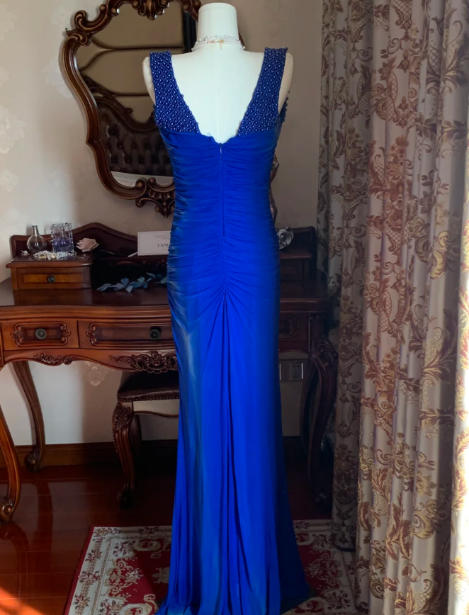 Sexy Royal Blue Tulle Pleated Beaded Mermaid Long Wedding Guest Dress Evening Dress - View 9 | FashionDia