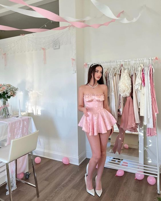 Pretty Pink A-Line Satin Print Floral Birthday Dress Homecoming Dress - View 2 | FashionDia