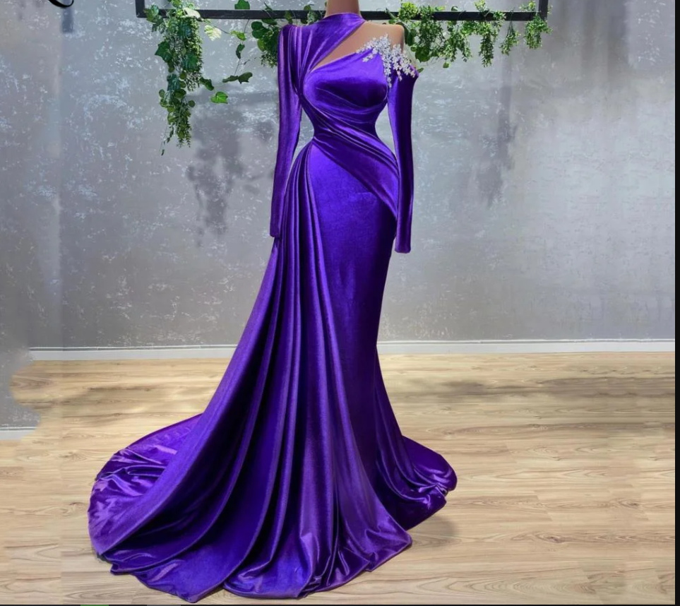 Purple Velvet Long Sleeve Evening Dress Arabic Style Cut Out Party Dress Women Dresses Y4933 - View 2 | VelvetHem