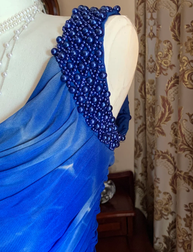 Sexy Royal Blue Tulle Pleated Beaded Mermaid Long Wedding Guest Dress Evening Dress - View 8 | FashionDia