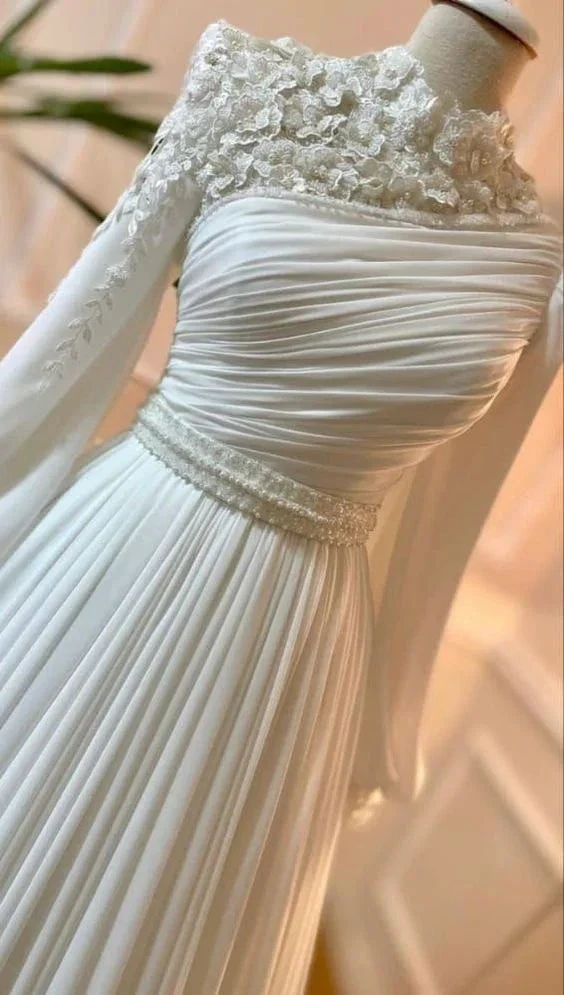 Muslim Wedding Dress Long Sleeves With Pearls Chiffon Appliques Long Pleated Bridal Gowns Y6727 by simplepromdress
