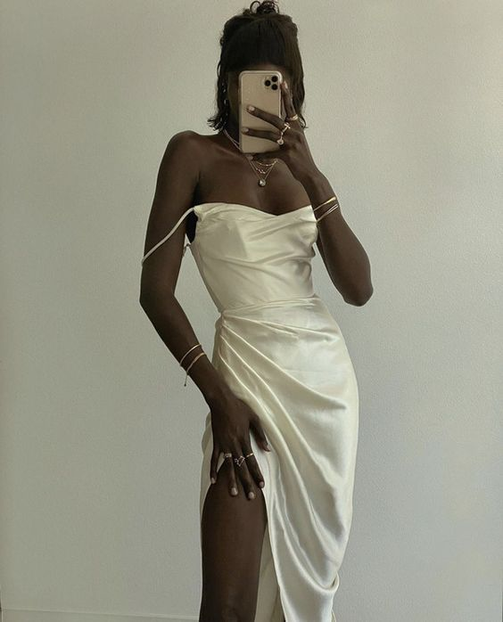Sexy Ivory Long Prom Dress Satin Slit Evening Dress Party Dress - FashionDia