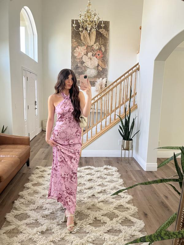 Elegant Pink Halter Satin Print Floral Long Evening Dress Party Gown - FashionDia