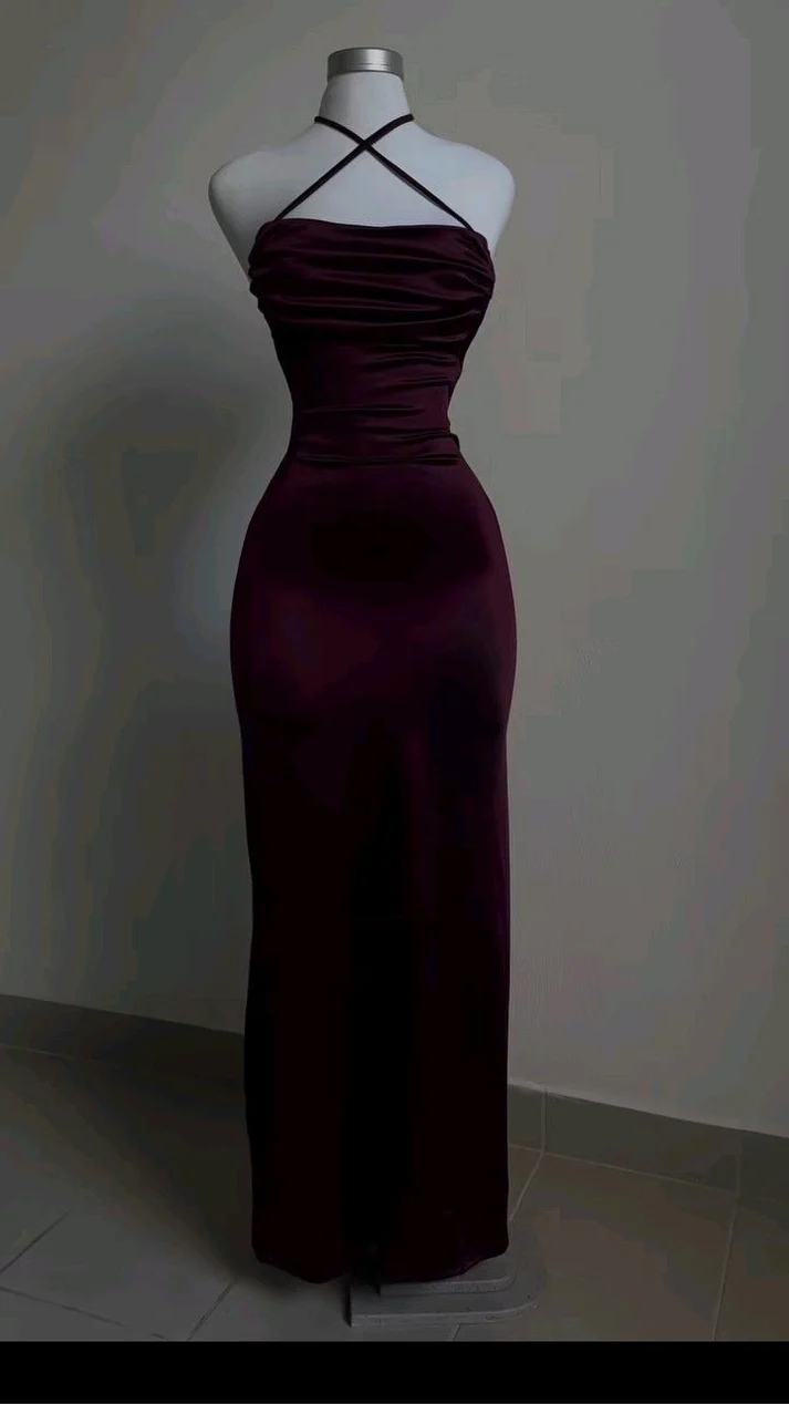 Burgundy Sheath Satin Backless Birthday Dress Prom & Evening Dress - FashionDia
