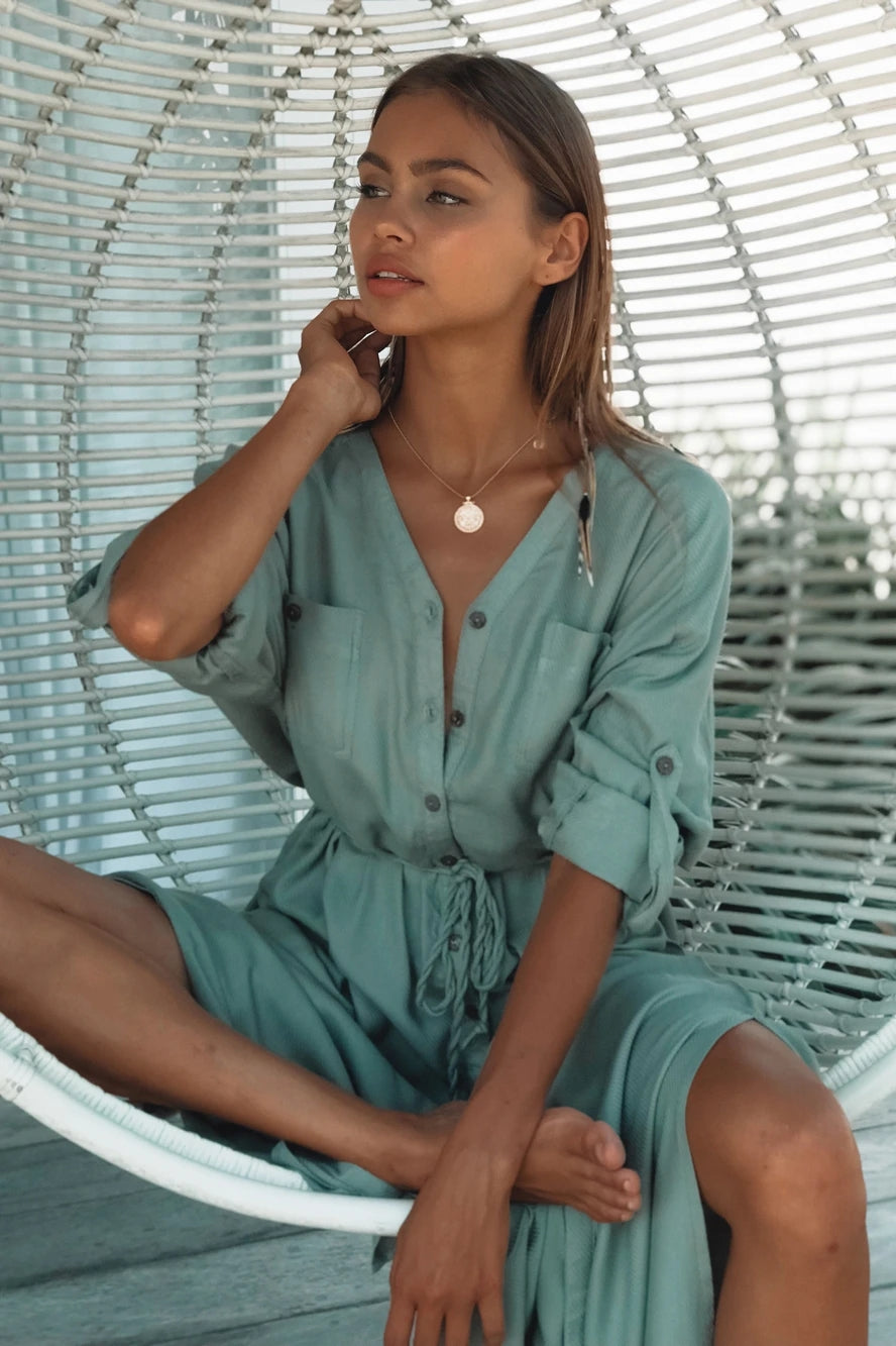 Button Pockets Front Open Self Belted High Waist Summer Dress