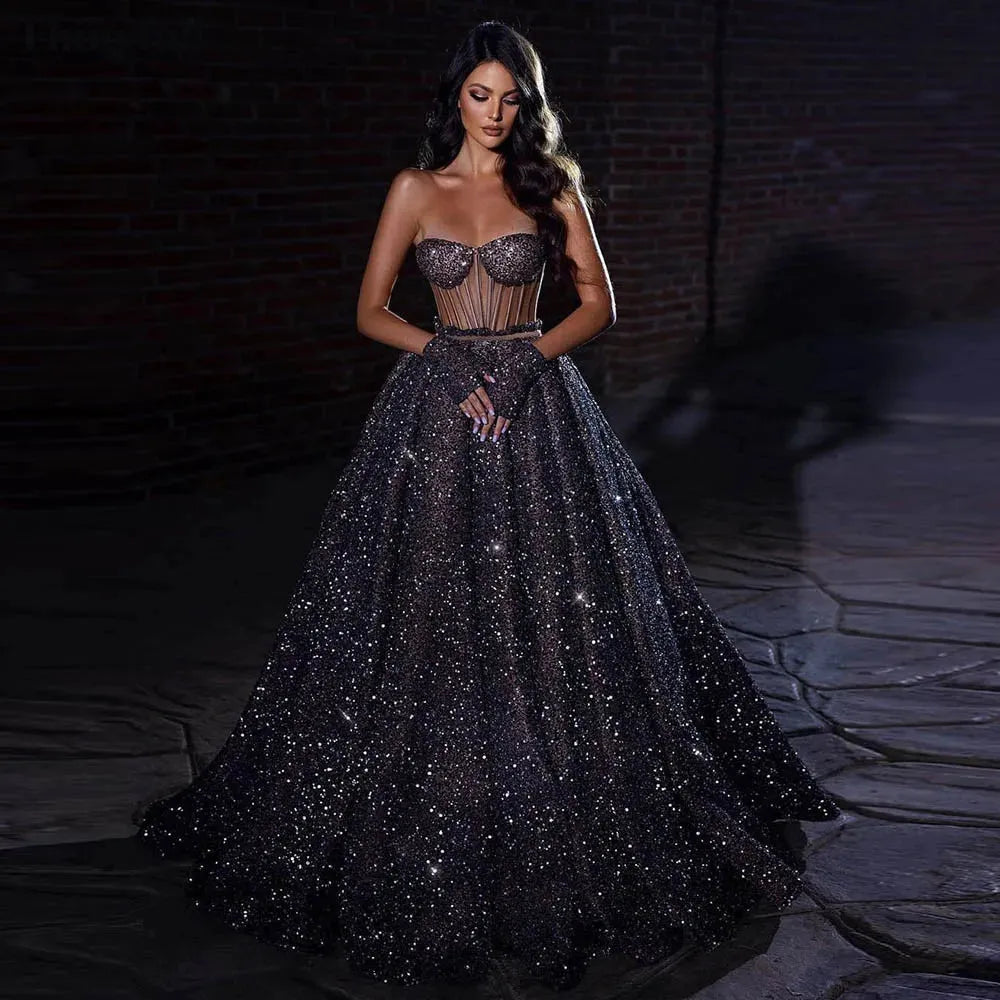 Glitter Sequin A Line Prom Dresses Sweetheart See Through Body Evening Dress Exposed Bones Plus Size Formal Party Gowns Black