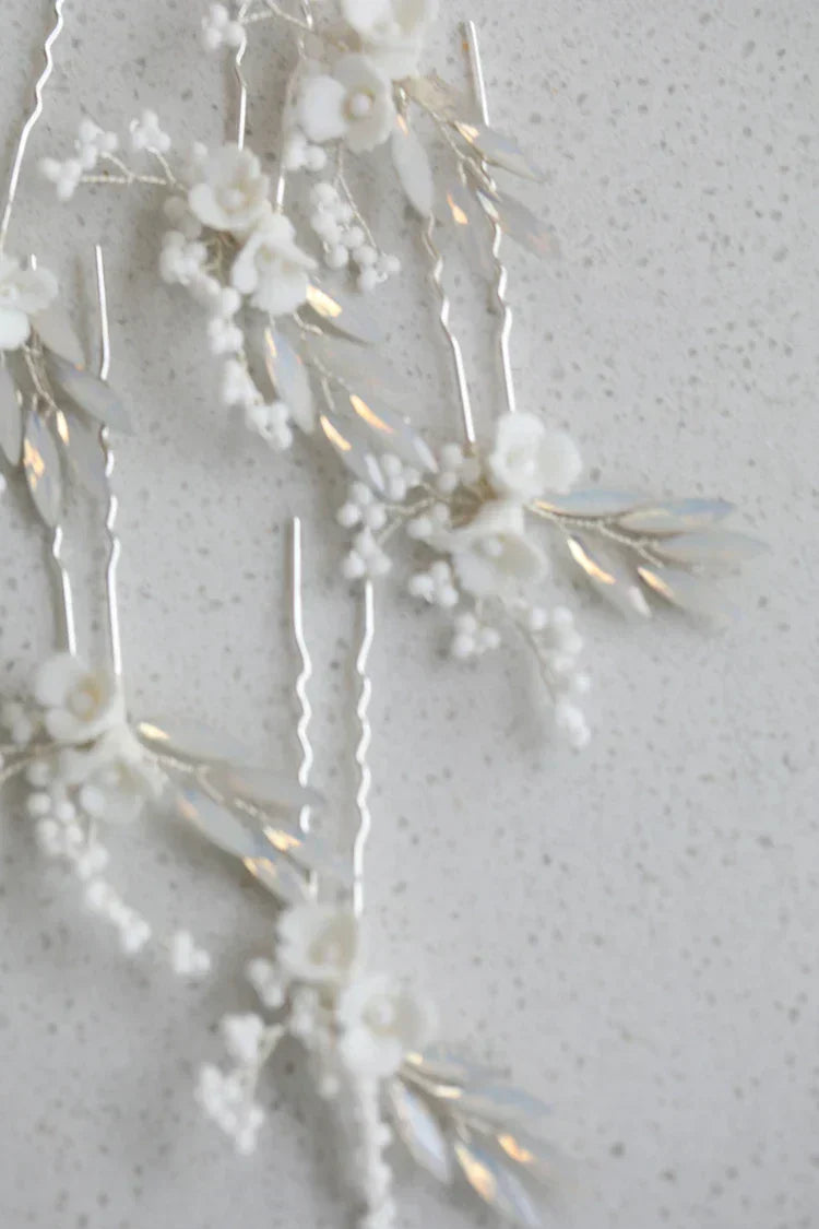 Porcelain Flower Hair Pins Clips Opal Head Pieces Gold Silver Color Hairpins For Brides Women Bridal Jewelry Wedding Accessories