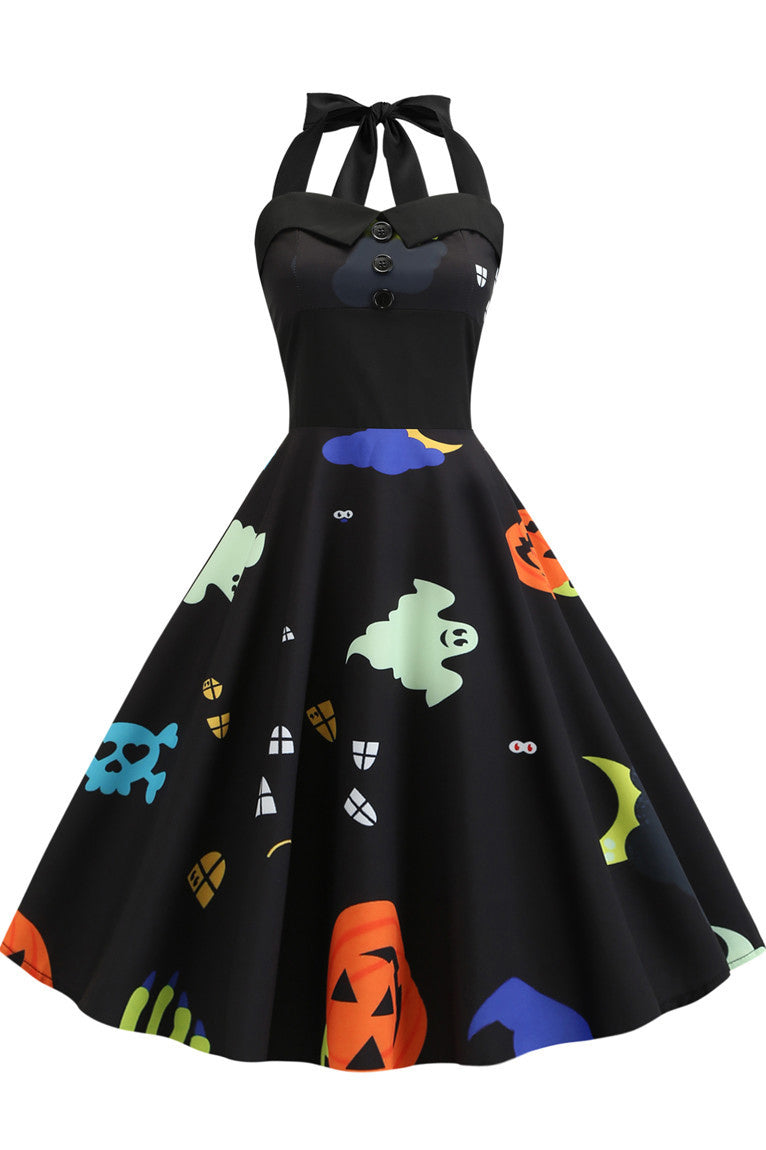 Halloween Halter Sleeveless Printed Dress - Fashionpara