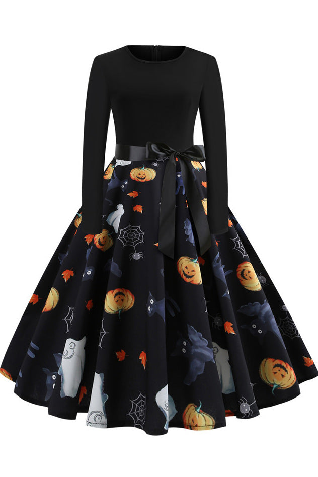 Halloween Printed Belt Vintage Dress - Fashionpara