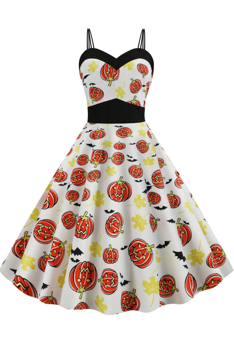 Halloween Pumpkin Print Spaghetti Straps Dress - Fashionpara