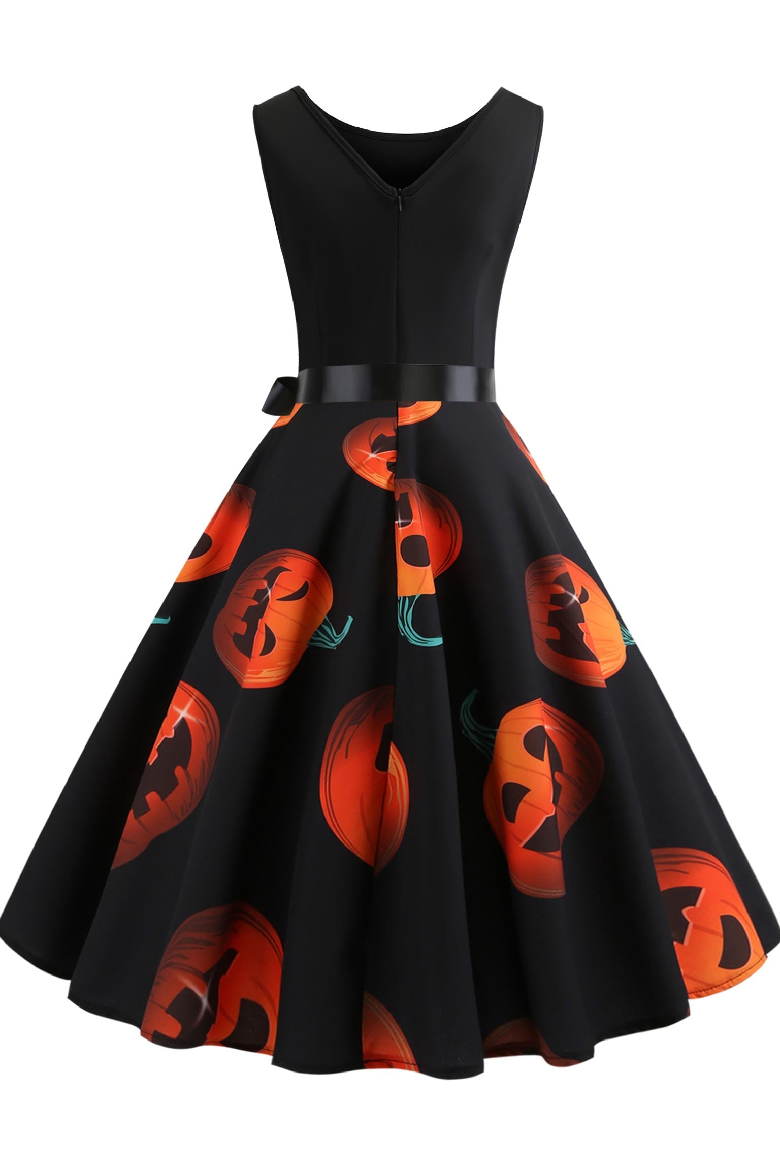 Halloween Sleeveless Pumpkin Print Panel Dress - Fashionpara