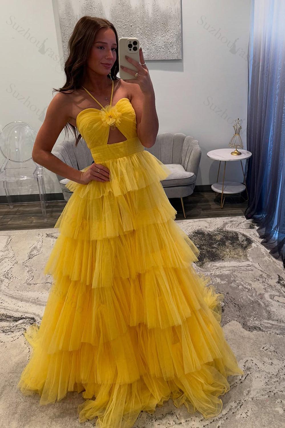 Halter A Line Yellow Prom Dress Ruffled Tulle Long Formal Dress With Keyhole