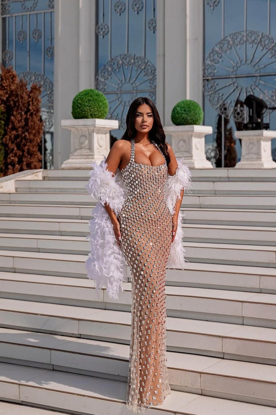 Halter Neck Beaded Prom Dress Mermaid Sleeveless Formal Dress