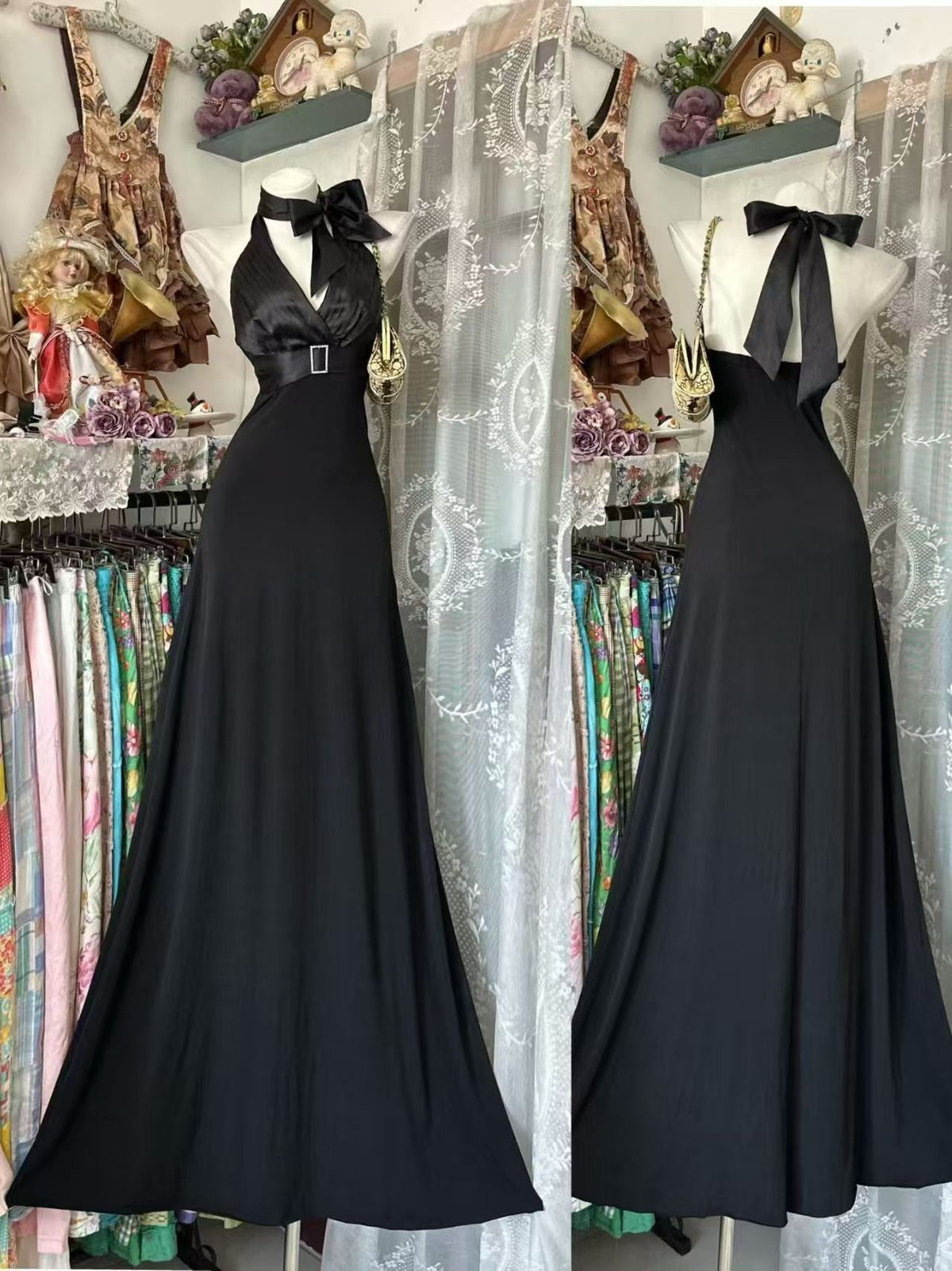 Halter A Line Black Evening Dress Retro Chiffon Prom Dress J10851