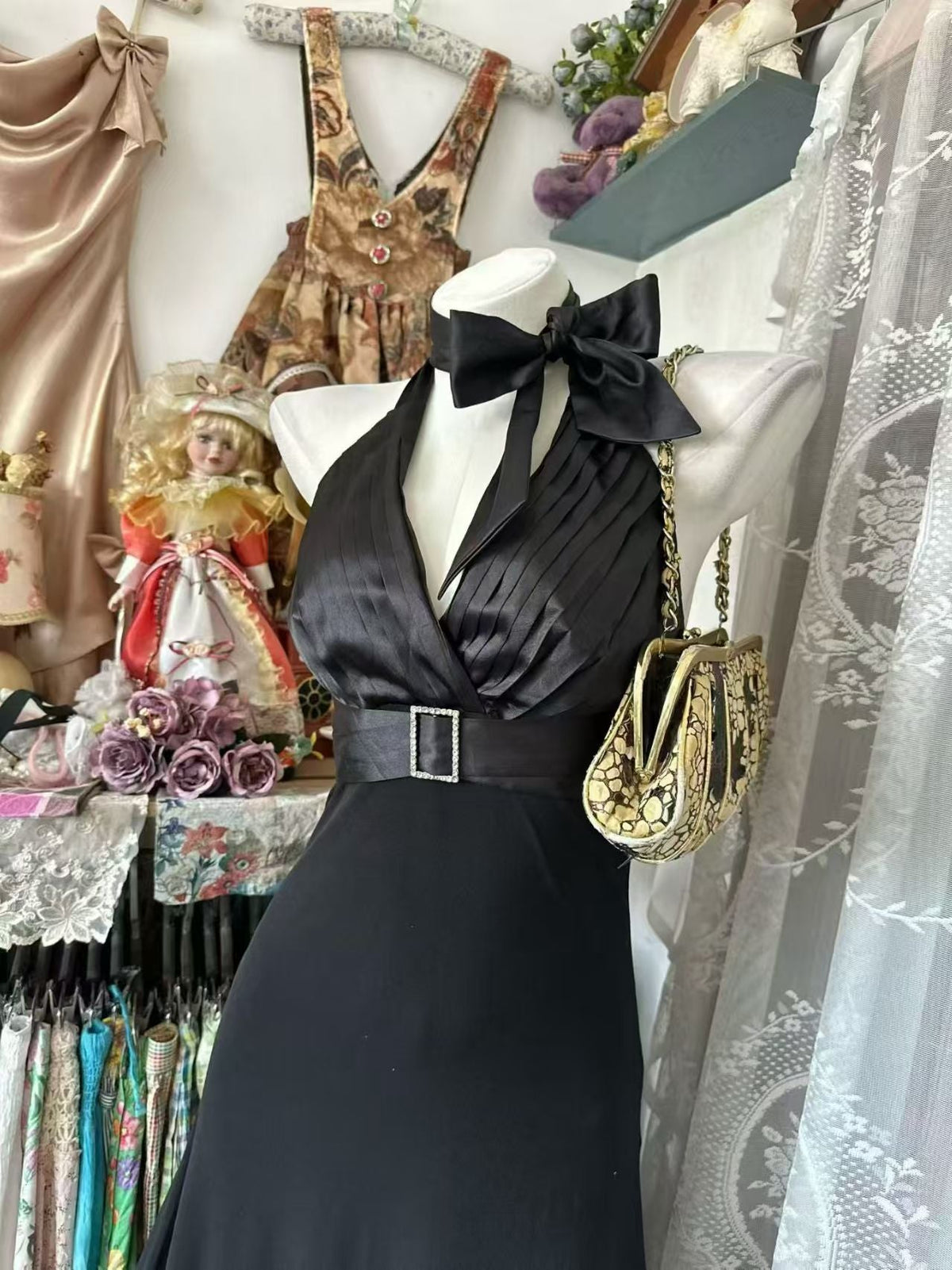 Halter A Line Black Evening Dress Retro Chiffon Prom Dress J10851