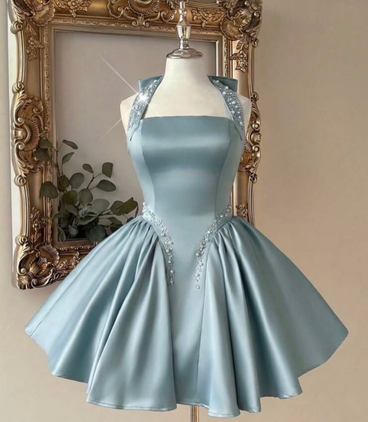 Halter A-Line Blue Satin Homecoming Dress Beaded Short Birthday Dress