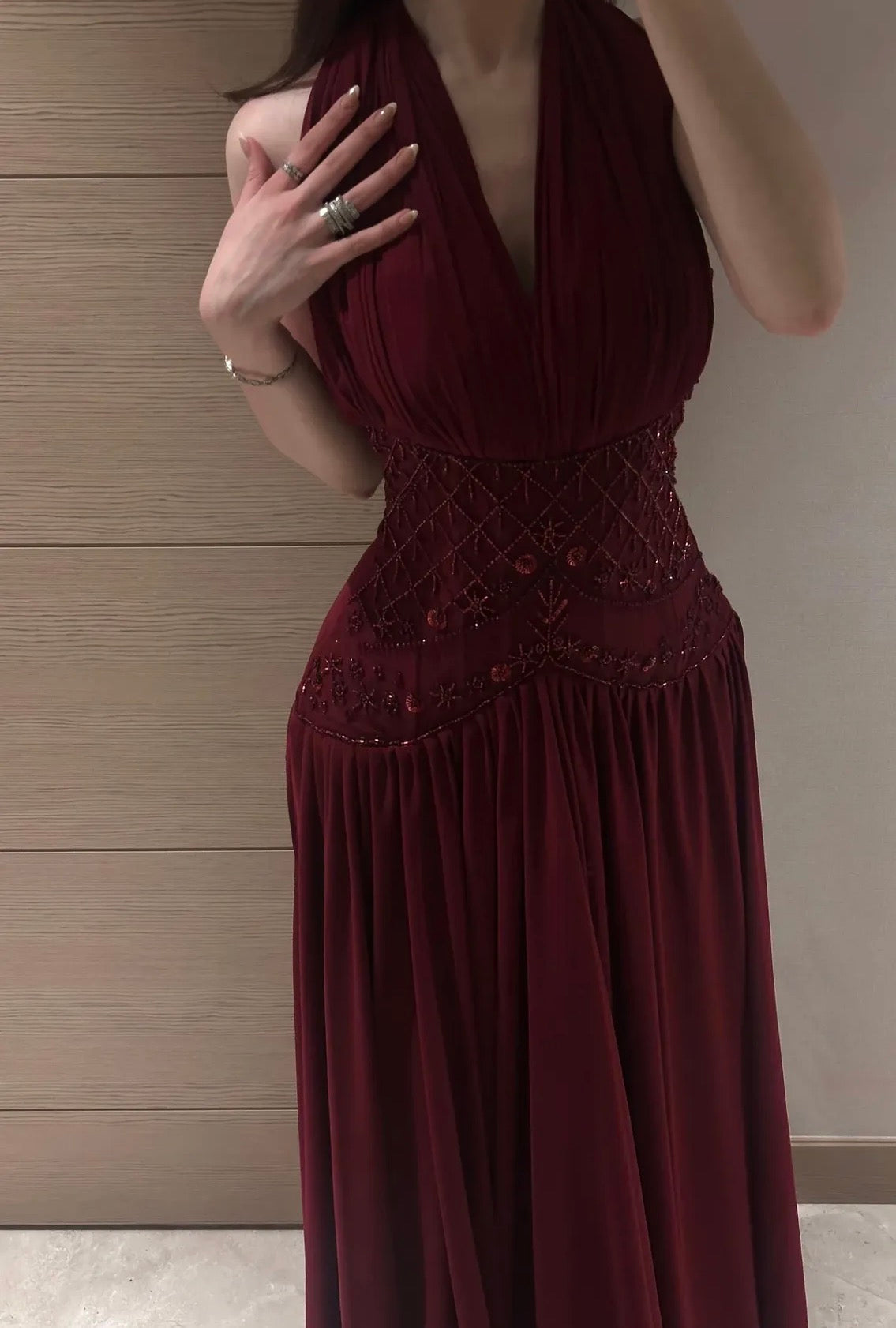 Halter A-Line Burgundy Beaded Prom Dress Chiffon Wedding Guest Dress