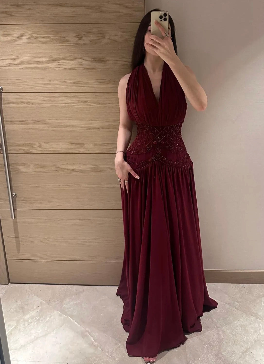 Halter A-Line Burgundy Beaded Prom Dress Chiffon Wedding Guest Dress