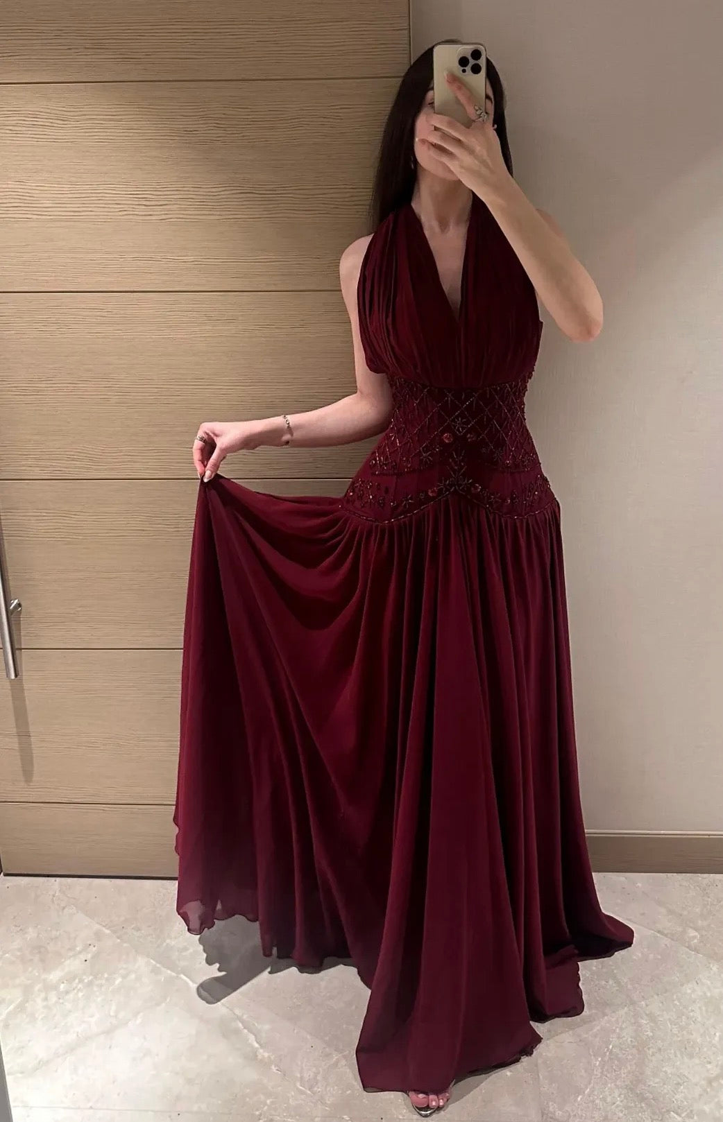 Halter A-Line Burgundy Beaded Prom Dress Chiffon Wedding Guest Dress