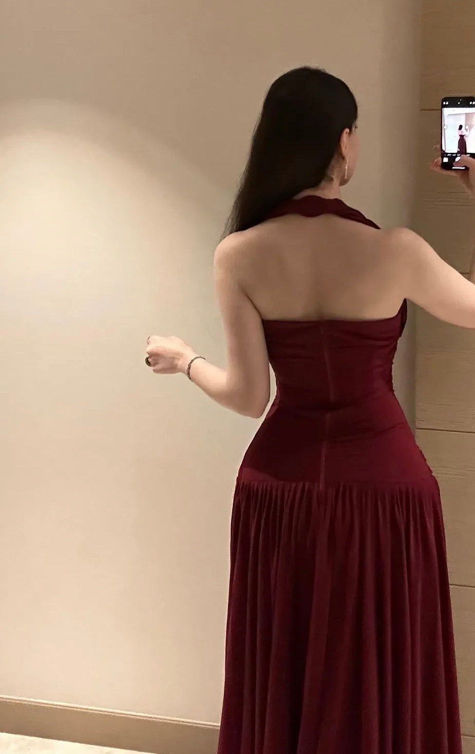 Halter A-Line Burgundy Beaded Prom Dress Chiffon Wedding Guest Dress