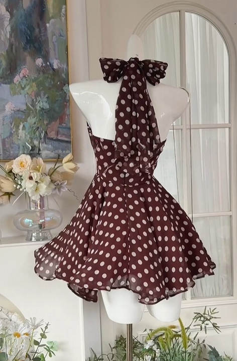 Halter A-Line Burgundy Polka Dots Chiffon Homecoming Dress Short Birthday Dress